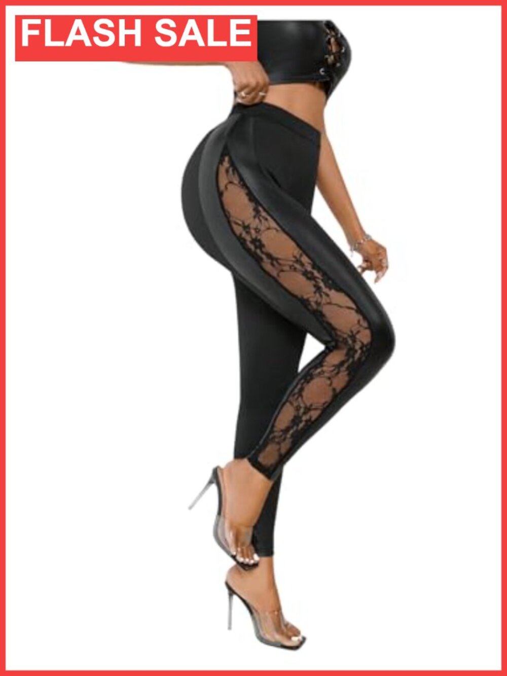 Women's Cut Out Sexy Leggings Mesh Lace PU Leather Tight Pants